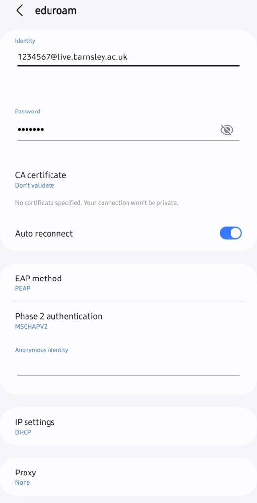 Android manual eduroam settings