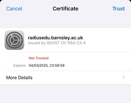 iPhone certificate trust screen for eduroam