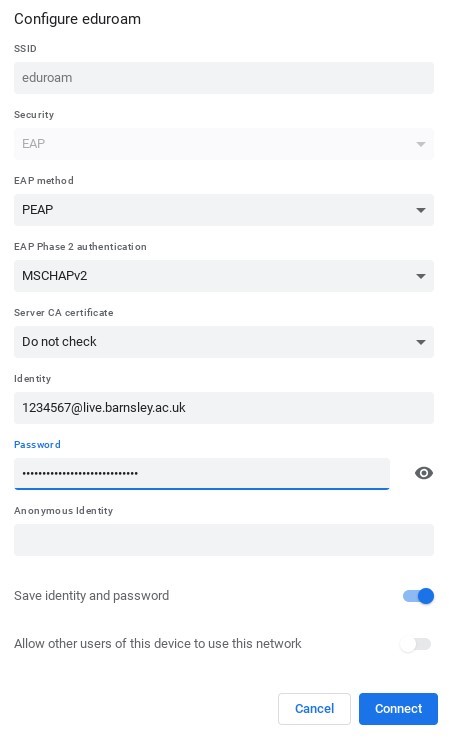 Chromebook eduroam configuration screen