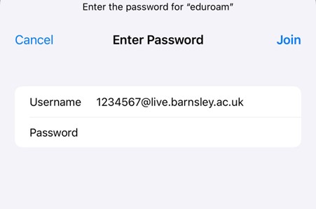 iPhone eduroam username and password screen