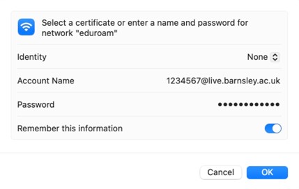 Mac eduroam account name and password screen