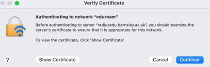 Mac verify certificate for eduroam screen