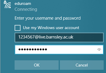 Windows eduroam username and password prompt